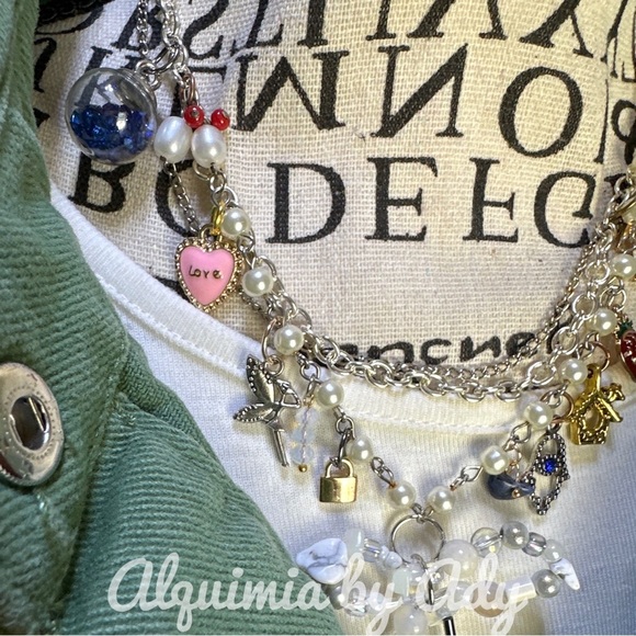 Maximalist layered pearls lapis coral opal stateme handmade necklace - Picture 4 of 10